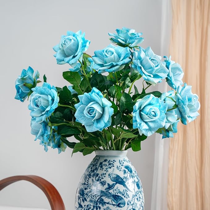 Artificial Flowers 23.2In Artificial Roses 20PCS Fake Roses Long Stem Artificial Flowers for Tall Vase Silk Rose Spring Suitable for Indoor Wedding Party Decor Valentine's Day DIY Bouquet,Blue