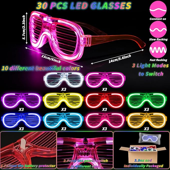 Glow in the Dark Party Supplies Set Bulk Neon Party Favor Toys Includes 30 Led Light up Glasses 10 Color 30 Light up Foam Sticks Bulk for Disco Wedding Birthday Concert Halloween Raves Party