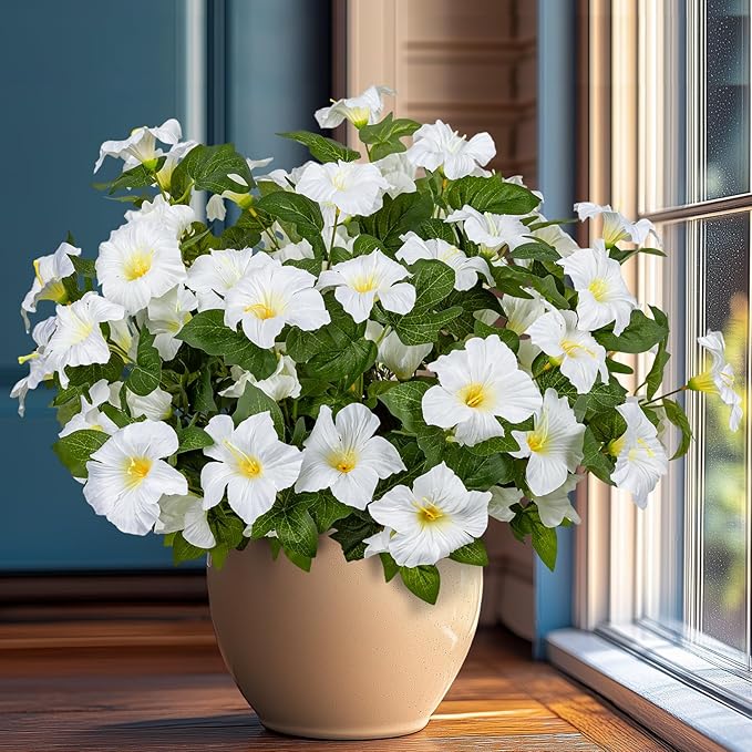 19 Inch Artificial Fake Flowers for Outdoor,4 Pcs Faux Silk Petunias Spring Flowers for Outside for Indoor Porch Planter Front Door Garden Patio Window Box Home Decor(White)