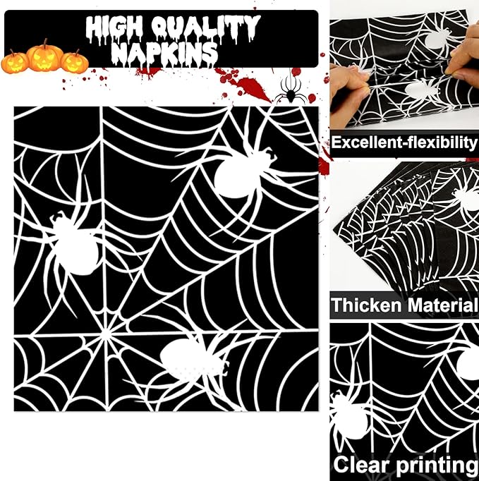 50 Guests Halloween Spider Web Plates and Napkins Party Supplies Spiderweb Party Decorations Disposable Tableware Black and White Halloween Dinnerware Favor for Get Together Celebration, 200PCS