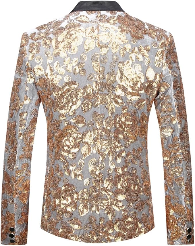 Men Fashion Velvet Sequins Floral Pattern Suit Jacket Blazer