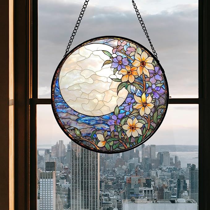 Stained Glass Window Hanging - White Purple Moon Flowers Suncatcher for Door Terrace Garden Home Decor Landscape Sun Catcher Birthday Gifts for Lovers Women Men Dad Mom Nana 15 in