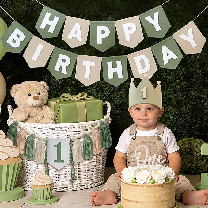 Wild One High Chair Banner Felt Green Happy Birthday Banner Pre-Strung Birthday Party Decorations For Boy 1st Birthday Decoration