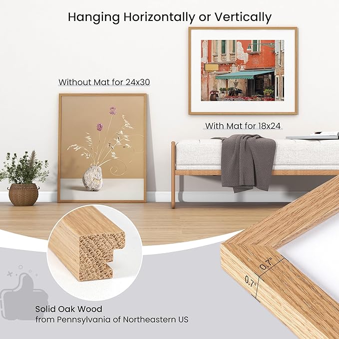 Axeman 24x30 Picture Frame | Solid Oak Wood 24 By 30 Poster Frame With Mat For 18x24 | Tempered Glass And Hanging Hardware Included Home Wall Decor Hanging Frame | Natural