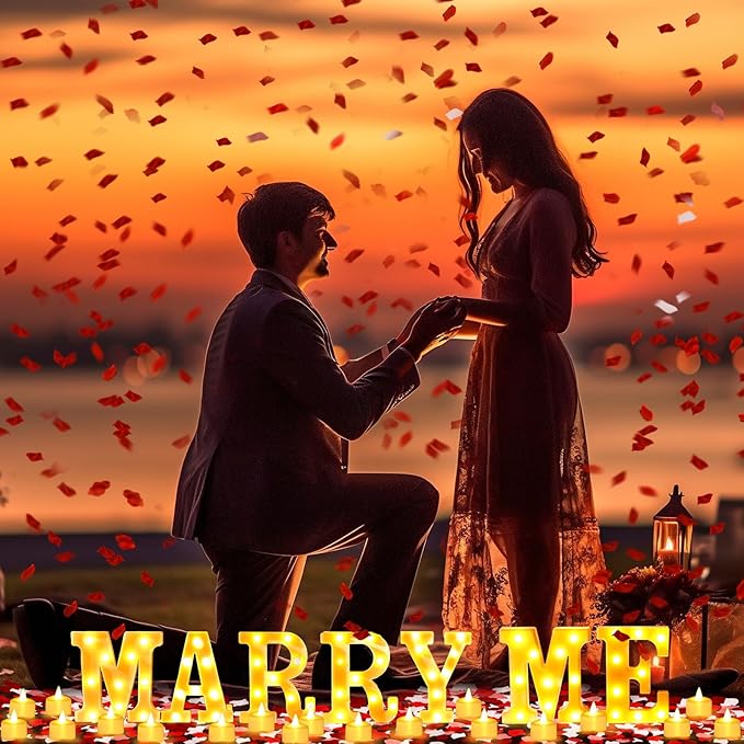 Fumete 4080 Pcs Marry Me Sign Proposal Decorations Lighted Marry Me Letters with 72 Pcs Romantic Heart Candles 4000 Pcs Rose Petals USB Romantic Night Light for Valentine Engagement Wedding(Yellow)