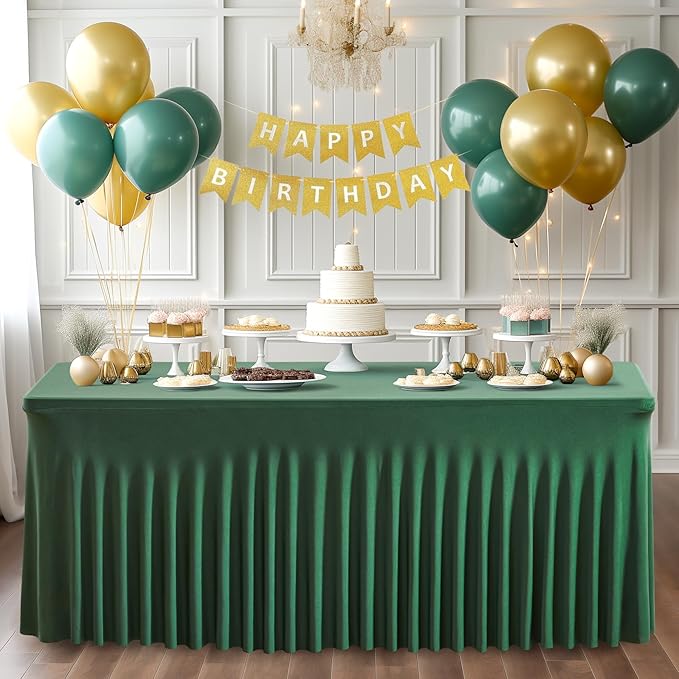 2 Packs Green Table Clothes for 8 Foot Rectangle Tables, Wrinkle Resistant Stretch Spandex Table Covers Fitted Tablecloth with Skirt for Easter Event Banquet Wedding Birthday Party