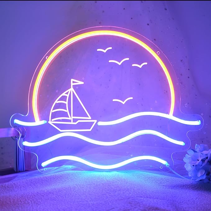 Sunset Neon Sign for Bedroom, Sunrise & Sunset at Sea Neon Light Sign for Wall Decor, 5V Sailboat Neon Sign for Living Room Bar Office, Housewarming Gift, 17x13 IN by JXIN