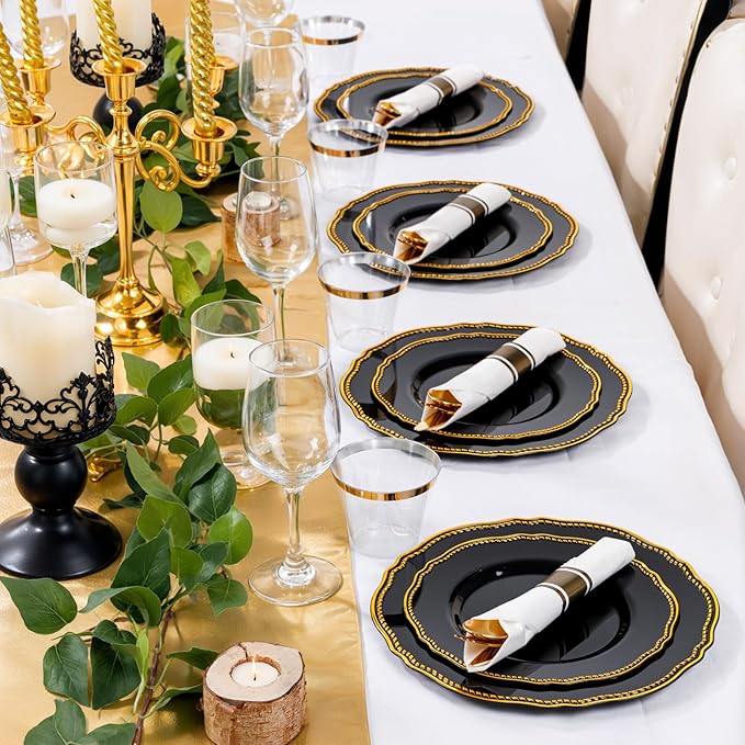 Hioasis 350pcs Black and gold Plastic Plates - Gold Plastic Dinnerware Set Includes 50 Dinner Plates, 50 Dessert Dinnerware, 50 Cups, 50 Rolled Napkin Cutlery Perfect for Wedding & Party