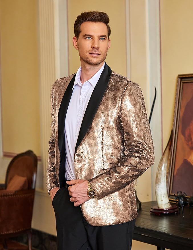 COOFANDY Mens Shiny Sequin Blazer Tuxedo Party Dinner Prom One Button Suit Jacket