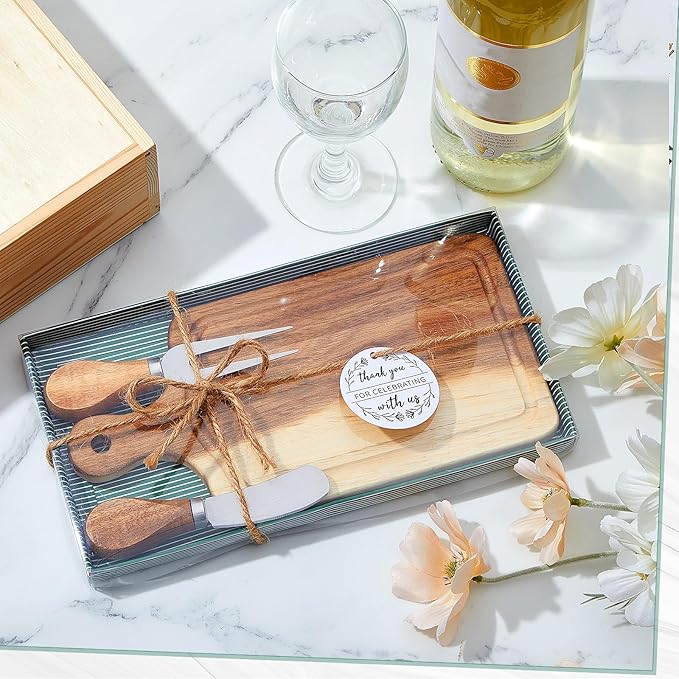 18 Set Bridal Baby Shower Cheese Prizes Wooden Square Board Gift Set Knives Forks Thank You Tags with Box for Guests for Valentines Bridal Baby Shower Housewarming Gifts (Acacia Color)