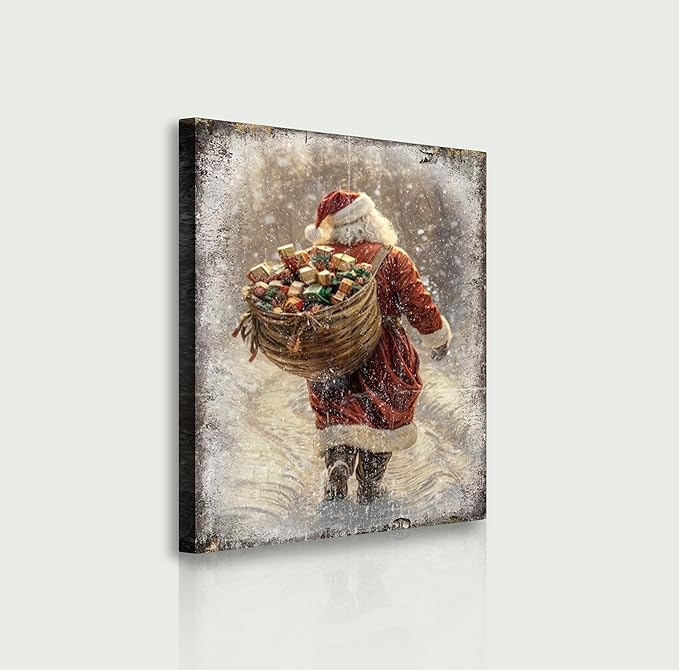 TAILORED CANVASES Vintage Santa Claus Christmas Wall Decor, Rustic Farmhouse Holiday Canvas Featuring Classic Snow Scene, Unique Art Print for Home Living Room Christmas Decoration 12x18