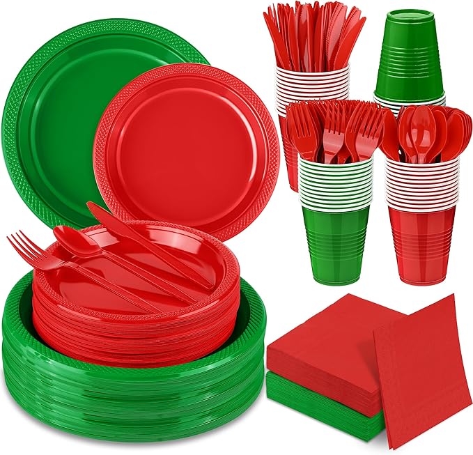 Aodaer 400 Pieces Christmas Party Supplies Red Green Plastic Dinnerware Include Plates Cups Knives Forks Spoons Paper Napkins for Christmas Birthday Wedding Parties, Serve 50 Guests