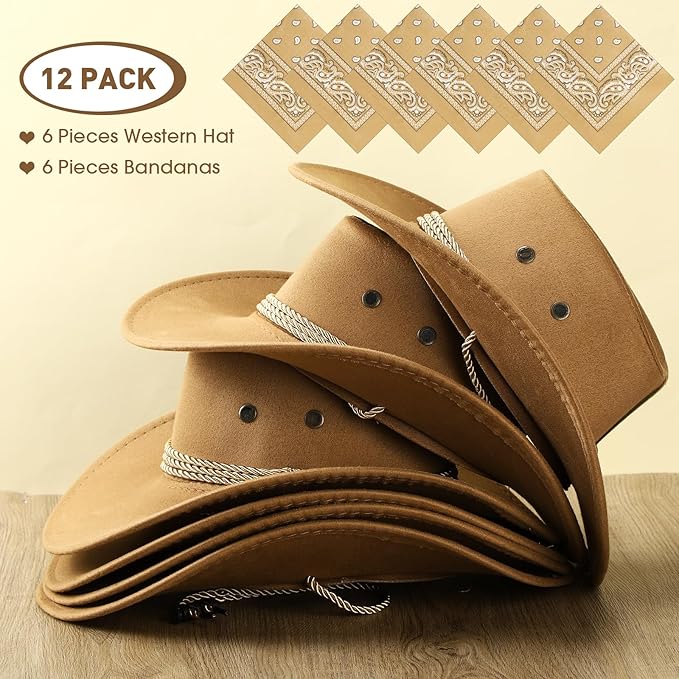 Zhanmai 12 Pcs Cowboy Hat and Bandana Cowboy Cowgirl Hats Bulk Western Party Costume Halloween Accessory