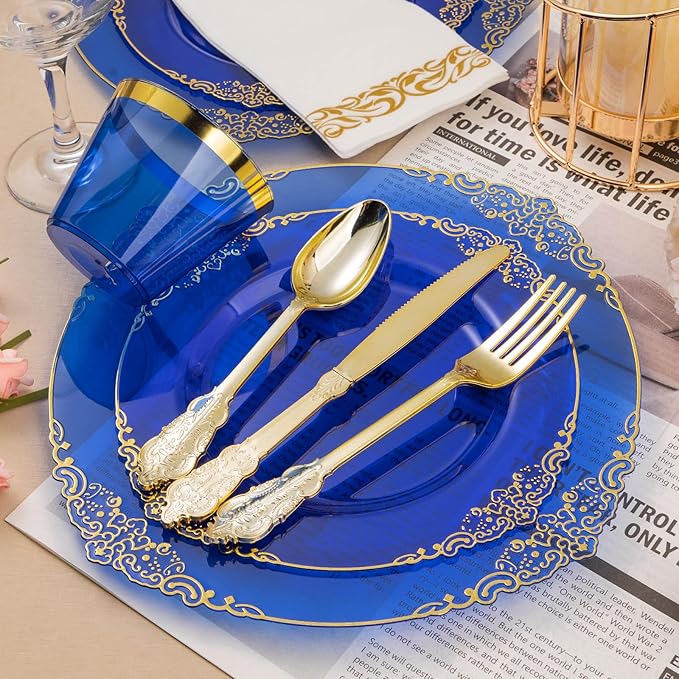 175PCS Clear Blue Plastic Plates for 25 Guests, Disposable Plates with Gold Trim include 25 Dinner and Dessert Plates, 75 Gold Silverware, 25 Cups, 25 Napkins for Party, Wedding & Graduation