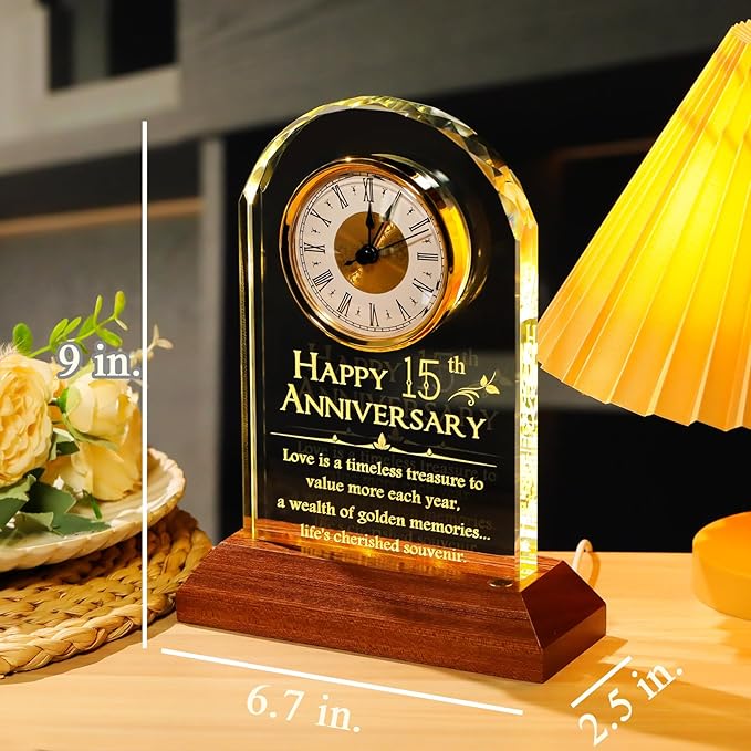 YWHL 15th Wedding Anniversary Clock Gifts for Couples, Happy 15 Years Anniversary Glass Gift for Her Him, Table Clock Presents with Wooden Light Base for Home Party (Battery not Included)