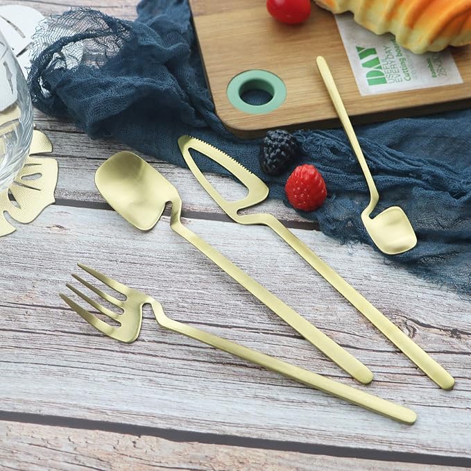 JASHII Silverware Set Satin Finish 24-Piece Stainless Steel Flatware Set Kitchen Utensil Set Service for 6 Tableware Cutlery Set Dishwasher Safe (Matte Gold)