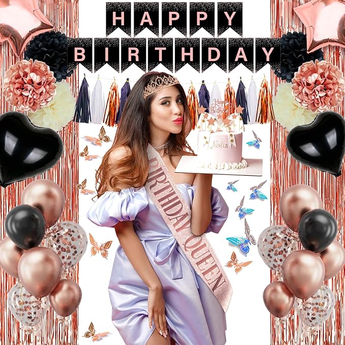 295 Pcs Black And Rose Gold Birthday Decorations, Birthday Decorations for Women or Girl Kit- Disposable Dinnerware Set with 25 Guest, Balloons, Sash, Tiara, Banner, Paper Pom Poms