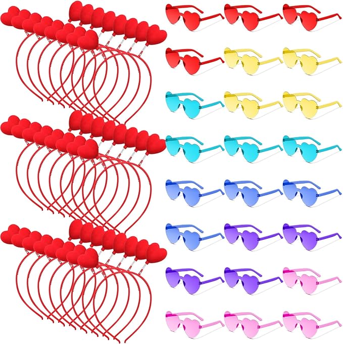 Yunsailing 48 Pcs Valentines Day Heart Headband Boppers and Heart Shape Sunglasses Valentines Accessories Costume Photo Prop(Red, Cute Color)