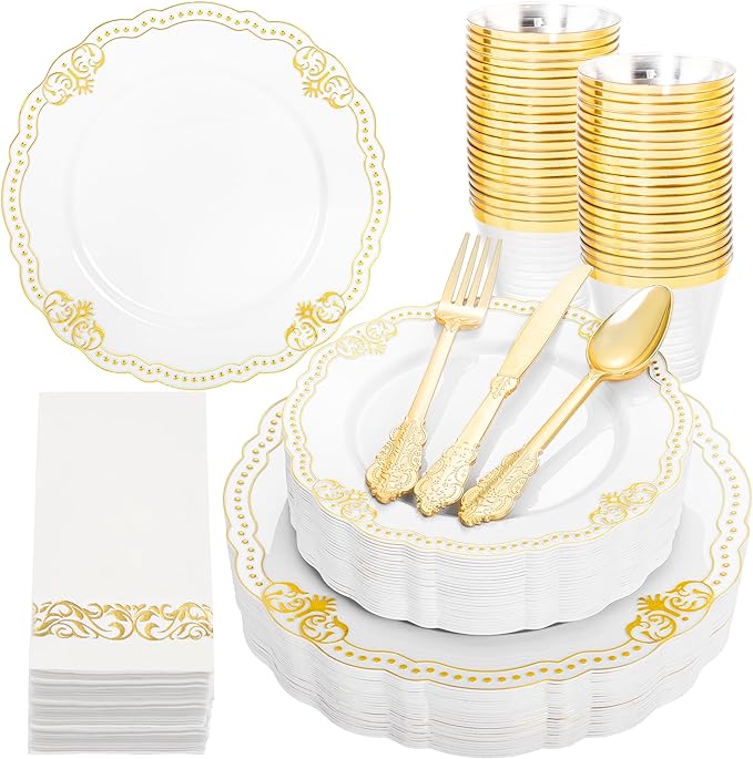 Ciaell 175 PCS White and Gold Plastic Plates - Fancy Gold Disposable Dinnerware Set with of 50 Plastic Plates, 25 Knives, 25 Forks, 25 Spoons, 25 Cups, 25 Napkins for Wedding, Party