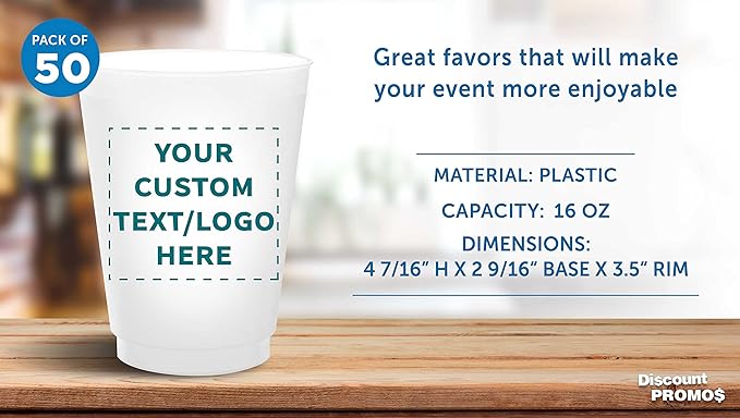 DISCOUNT PROMOS Custom Frosted Plastic Stadium Cups, 50 pack, Promotional Text, Logo, 16 oz. Shatterproof Flexible Reusable Party Cups, Pearl White