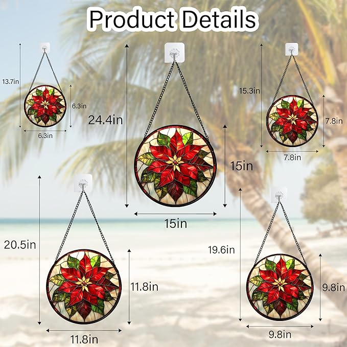Stained Glass Window Hanging - Red Poinsettia Birth Flowers Suncatcher for Door Garden Yard Sun Catchers Decor Christmas Mother's Day Birthday Gifts for Women Mom Nana Teacher Friend 11.8 in