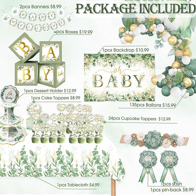 Sage Green 172pcs Gender Neutral Baby Shower Decorations - Boho Greenery Party Supplies with Oh Baby Backdrop, Tablecloth, Balloons, BABY Box, Welcome Banner