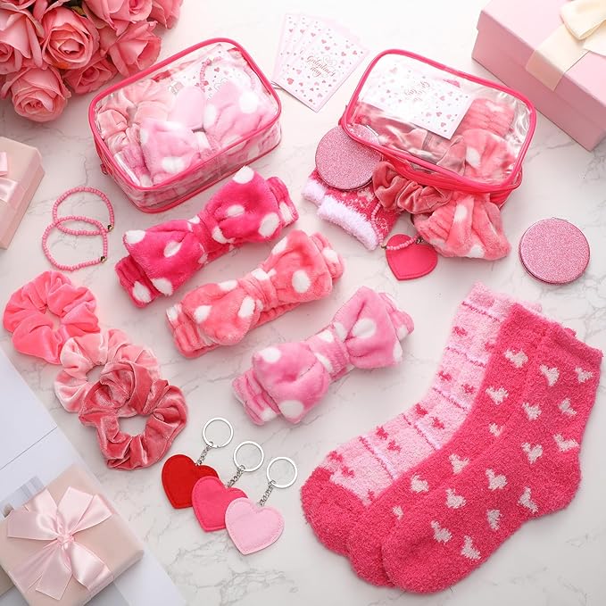 48 Pcs Galentine's Day Gifts Valentine's Pink Gift for Women Include Fluffy Socks Compact Mirrors Makeup Bags Headbands Scrunchies Greeting Cards Heart Keychains Bracelet for Party Supply