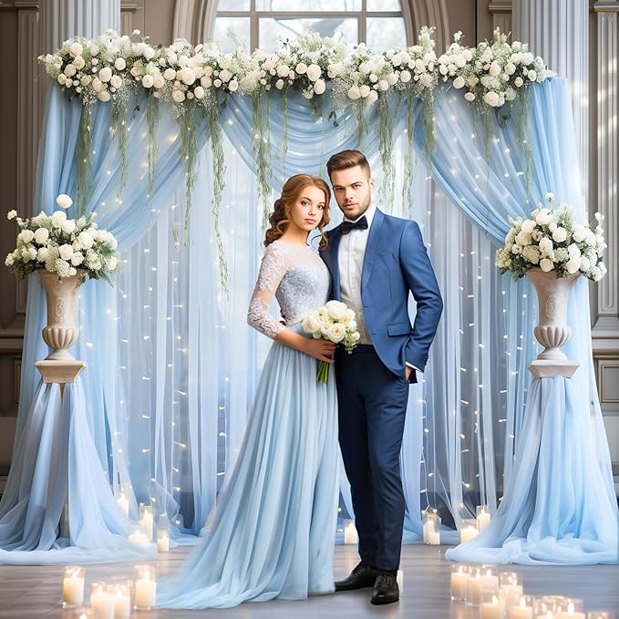 30x10ft Baby Blue Tulle Backdrop Curtain with Lights String for Parites, Sheer Photo Backdrop Curtains with Lights for Wedding Backdrop Ceremony Reception Bridal Shower Baby Shower Birthday Party