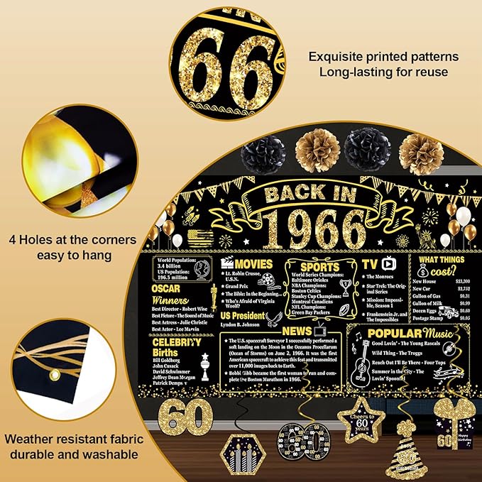 60th Birthday Decorations for Men Women, 103 PCS Back in 1966 Decorations, Vintage 60th Birthday Party Tableware Set for men,Backdrops,Banner, Hanging Swirl,Card, Paper Poms,Tableware for 24 Guests