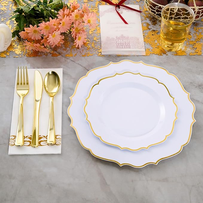 350 PCS Gold Disposable Plates, Scalloped Dinnerware Set for 50 Guests, 100 Plastic Plates, 150 Silverware, 50 Cups & 50 Paper Napkins, Gold
