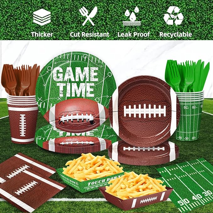 Football Party Decorations for 24 Guests - Football Party Supplies Kit with Plates, Napkins, Cutlery, Food Trays, Banner, Tablecloths for Tailgate & Birthday Party