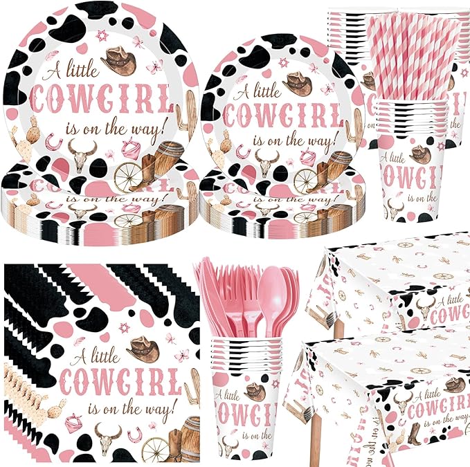 452 Pcs Cowgirl Baby Shower Party Decorations Include a Little Cowgirl Is on the Way Paper Plates Napkins Cups Tablecloth Cutlery Straws for Baby Shower Party Supplies