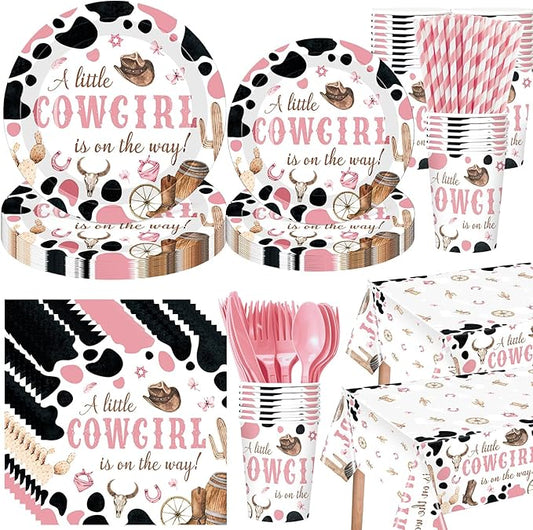 452 Pcs Cowgirl Baby Shower Party Decorations Include a Little Cowgirl Is on the Way Paper Plates Napkins Cups Tablecloth Cutlery Straws for Baby Shower Party Supplies