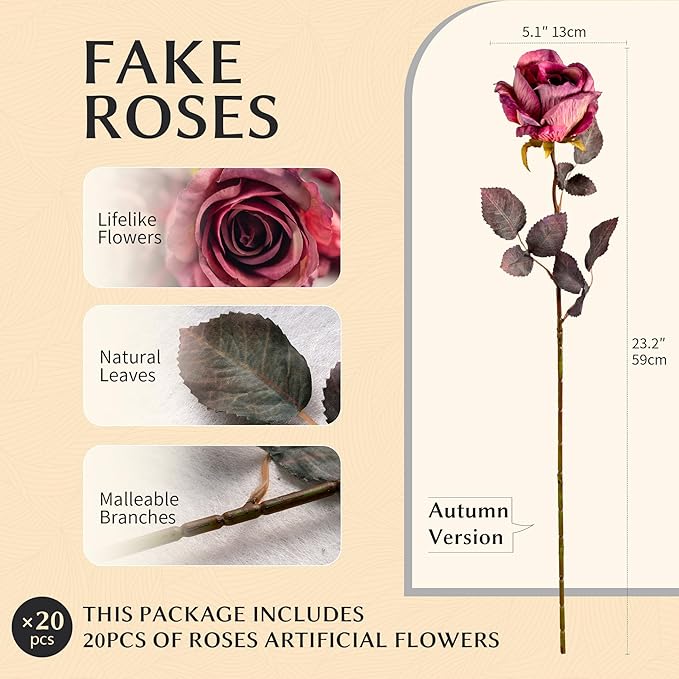 Artificial Flowers Autumn Artificial Roses 23.2In Fake Roses Long Stem Artificial Flowers for Tall Vase Silk Rose Suitable for Indoor Decoration Wedding Party Decor DIY Bouquet,Rose Red，20PCS
