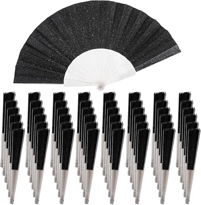 48 Pack Handheld Fan,Folding Hand Glitter fan with Shining Transparent Fan Rib – Ideal for Wedding, Church, Festival, Dance, Tea Party, Club, and EDM Accessories, Black