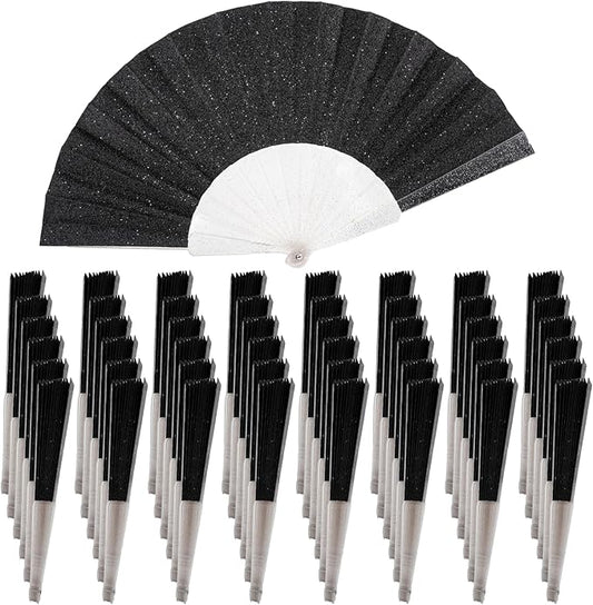 48 Pack Handheld Fan,Folding Hand Glitter fan with Shining Transparent Fan Rib – Ideal for Wedding, Church, Festival, Dance, Tea Party, Club, and EDM Accessories, Black
