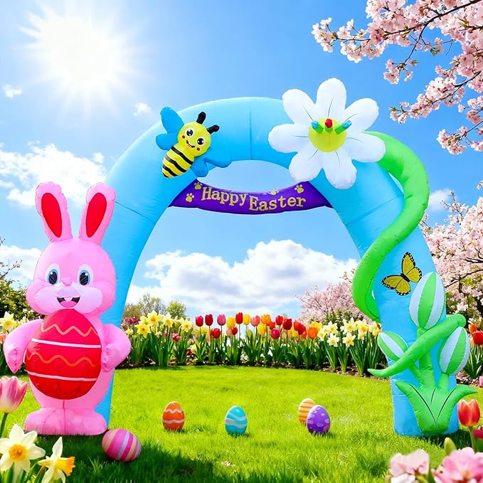 Domkom 12FT Long Huge Easter Inflatable Bunny Archway Outdoor Decorations,Build-in LED Lights Holiday Blow Up Yard Decoration, for Easter&Spring, Outdoor,Garden, Yard Lawn Décor