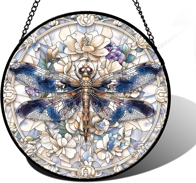 Stained Glass Window Hanging, Dragonfly Flower Suncatcher for Doors Home Sun Catchers Decoration and Christmas, Mother's Day Birthday Gifts for Women, Men, and Mom 11.8x11.8 in