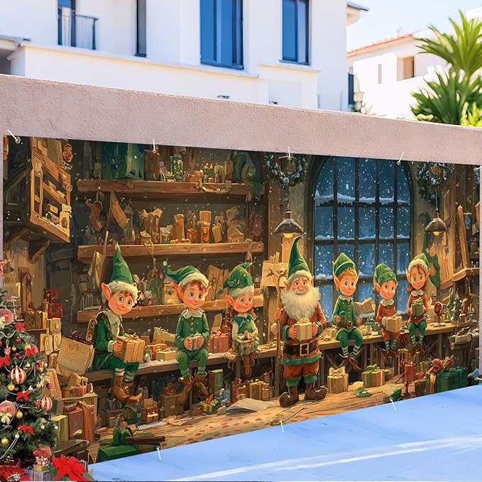 Santa's Workshop Christmas Garage Door Banner 7x16FT, Santa and Elves Holiday Scene, Large Outdoor Xmas Decoration for Garage Doors, Large Garage Cover for Christma