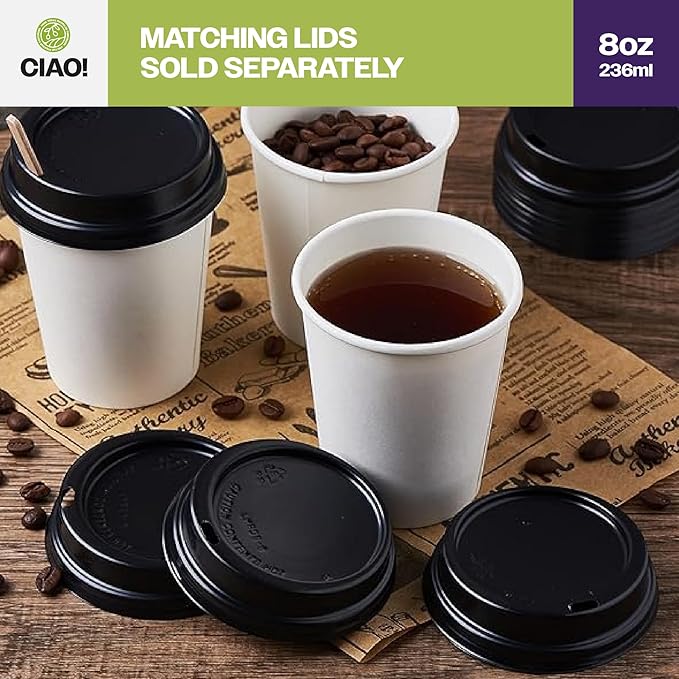 CIAO! 8 oz Insulated Double Wall White Paper Hot Cup, 80mm Diameter, 500 Count