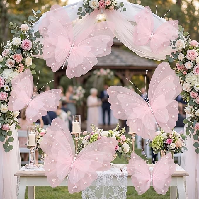 Geelin 6 Pcs Large Pink Pearl Butterfly Decorations Mariposas Grandes para Decoracion Big Butterfly Party Decor 20 Inch 12 Inch 3D Silk Butterflies for Baby Shower Birthday Party Wedding Decor