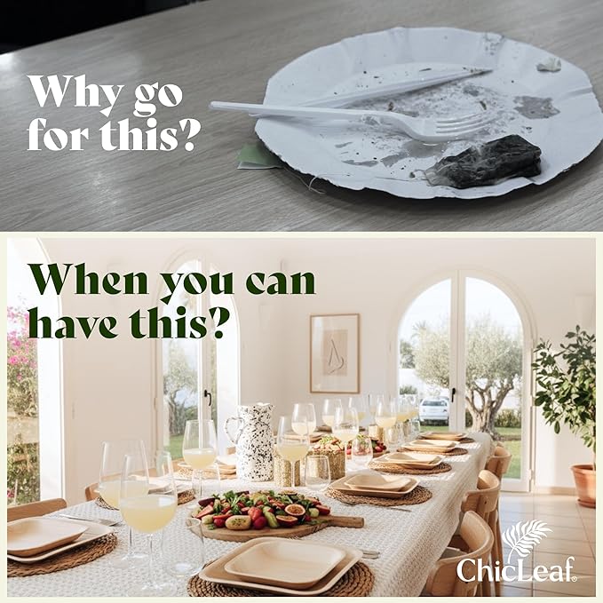 Chic Leaf Compostable & Biodegradable Palm Leaf Disposable Bamboo Plates - Disposable Party Plates for Appetizers - Valentine's Romantic Dinner Table, Reusable Supplies (10 & 7 Inch Square)