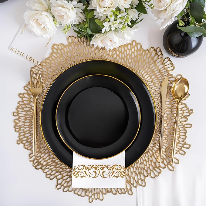 MirthMood 210Pcs Black and Gold Disposable Plates,Black Plates, Black and Gold Plates Include 30 Dinner,Dessert Plate,30 Cup&30 Napkins, 90 Gold Silverware for Wedding & Party & Birthday & New Year