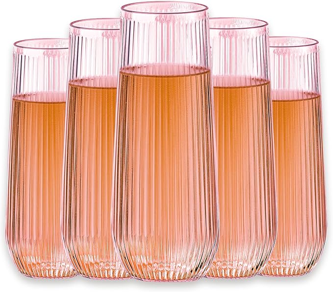 48 Pack Plastic Ribbed Champagne Flutes, 9 Oz Stemless Disposable Pink Clear Plastic Toasting Glasses Shatterproof Recyclable and BPA-Free Perfect For Wedding