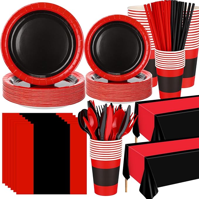 452 Pcs Red and Black Party Decorations, Red and Black Paper Plates Cups Napkins Tablecloth Cutlery Straws Baby Shower Wedding Birthdays Party Supplies, 50 Guests