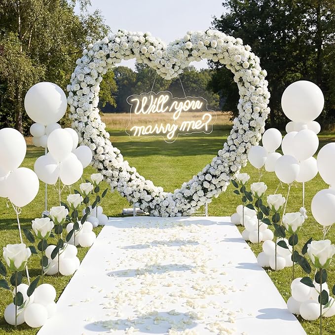 Proposal Decorations Kit Will You Marry Me LED Neon Light Metal Heart Stand Carpet 2000 Rose Petals 30 Artificial Roses for Proposal Wedding Bridal Valentine Engagement Birthday Party (White)