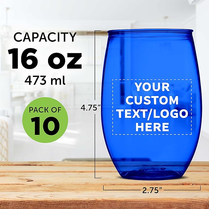 Custom Plastic Stemless Wine Glasses 16 oz. Set of 10, Personalized Bulk Pack - BPA Free, Great for Outdoor Lounges, Poolside, Parties and Other Events - Blue