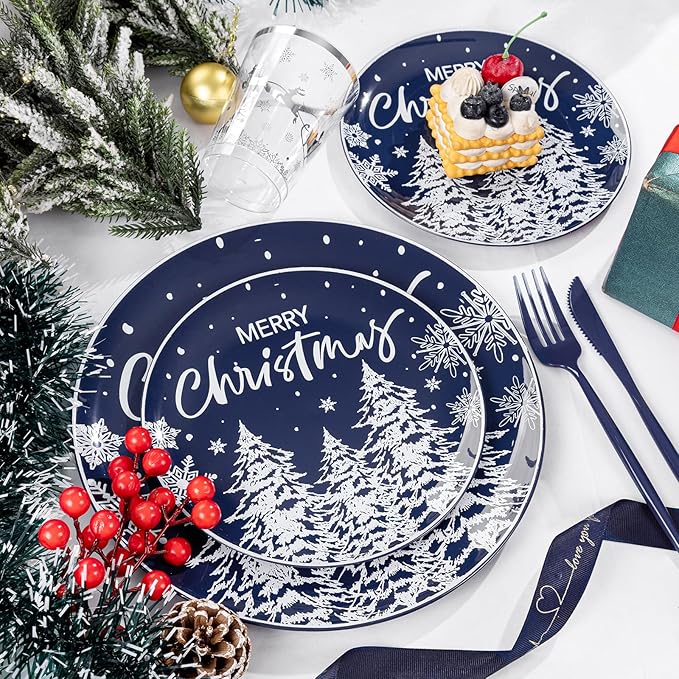 Supernal 150pcs Blue Christmas Plastic Plates - Christmas Party Tableware Set Include Blue Plastic Plates with White Xmas Trees, Heavy Duty Silverware Disposable, Silver Cups for New Year
