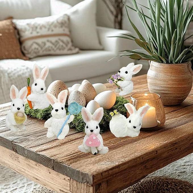 naturevibe Sisal Easter Bunny Decor,Set of 6 White Baby Bunnies for Easter Decorations or Seasonal Parties,Cute Rabbit Figurines as Decorative Farm Animals for Spring Decor