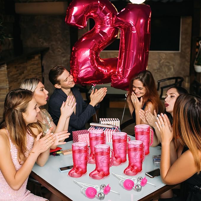 36 Pcs Cowboy Boot Glasses Bulk, 12 Cowboy Drink Mugs 12 Cowgirl Hat Straws 12 Mirror Disco Ball Stirrers for Western Theme Party Bachelorette Birthday Decorations(Rose Red)